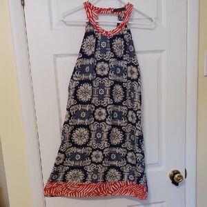THML Sz L,  Red and Blue Floral Halter Dress with Contrasting Trim.
